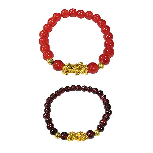 2 Pcs Feng Shui Good Luck Bracelets for Men Women, Wealth Prosperity Charm Bracelet with Golden Pi Xiu Pi Yao, Attract Good Luck and Wealth(6mm, 8mm) (Multi)