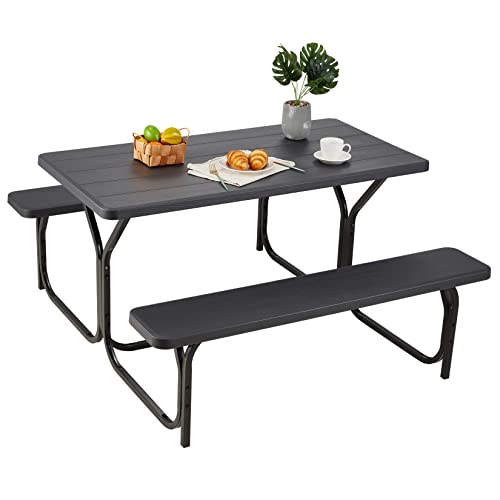 Haddockway Picnic Table Bench Set Patio Camping Table With All Weather Metal Base And Plastic Table Top Outdoor Dining Garden Deck Furniture For Adult Black #TOP26