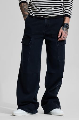 Image of SNITCH Men Cargo Pants | Loose Fit Mid Rise with Adjustable Drawstring Hem & Utility Pockets | 100% Cotton Twill Fabric for Casual & Streetwear Styling