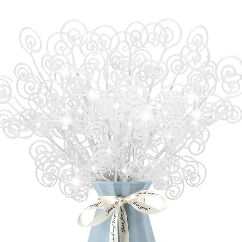 24 Pieces Glitter Christmas Picks Ornaments 10 Inches Decorative Sticks Candy Picks Curly Sprays Twigs for Christmas Tree Branches Vase Fillers Crafts Wreath Garland Party Wedding Holiday (24, White)