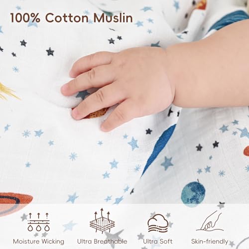 Image of david's kids 4 Pack Baby Muslin Swaddle Blankets, 100% Cotton and Ultra Soft Breathable Receiving Blanket Wrap for Boys Girls, New Born Essentials, Large 47 x 47 inches, Space&Stars