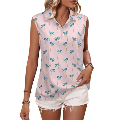 Womens Palm Trees Sleeveless Golf Shirt Athletic Tank Tops Ladies Casual Summer Palm Trees Golf Wear Polo Tennis Shirts for Women Medium