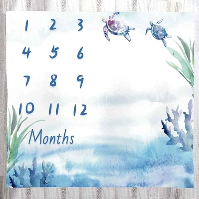 Baby Monthly Milestone Turtle Blue Ocean Nursery Blanket, Age Chart 48x40 Inch Swaddling BTXTLY45