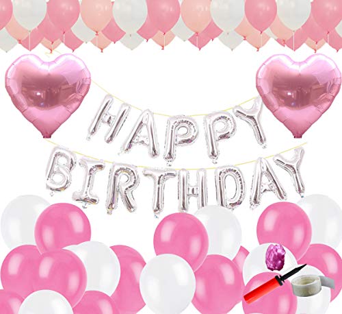 Kioneer Birthday decorations for girls and boys, birthday decorations silver happy birthday banners, 100pcs latex balloons, 2Pcs foil love balloons, 1pcs ribbons, 100pcs dispensing and pump