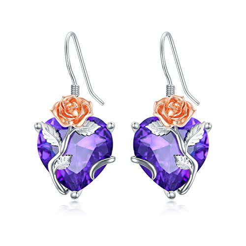 Toupop Rose Earrings For Women June Birth Flower Earrings 925 Sterling Silver Floral Dangle Drop Hooks Earrings With June Heart Birthstone Jewelry Birthday Birth Month Flower Gifts For Girls #TOP13
