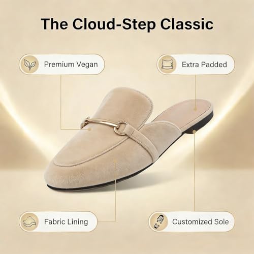 Image of MUSSHOE Gold Buckle Mules for Women - Comfortable Memory Foam Loafers, Classy Slip On Flats for Office Business Casual, Dressy Pointed Toe Shoes