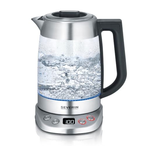 SEVERIN Glas Tee- & Wasserkocher Deluxe, Teekocher mit einstellbarer Temperatur & Ziehzeit, mit 5 Teeprogrammen & Warmhaltefunktion, max. 1,7 L Wasser, 3000 W, Edelstahl, WK 3480