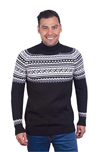 Turtleneck Black Genuine Alpaca Sweater for Men - Nordic Pattern Pullover for Winter in Soft Alpaca Wool
