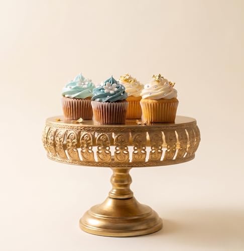 Image of Vintage Gold Cake Stand - 8 Inch Round Ornate Metal Cupcake Holder, Elegant Dessert Display Platter for Weddings, Birthday Parties, Baby Showers, and Afternoon Tea (Oval)