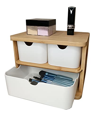 Bambware Multipurpose 3 Tier Bamboo Desk Organizer With 3 Bamboo Fiber Drawers For Desktop Office Supplies Vanity Kitchen And Home, Space-Saving #TOP1