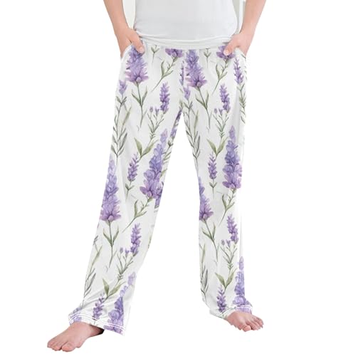 Purple Lavender Flower Long Pajama Pants Elastic Waist PJ Bottoms with Pockets S A110340