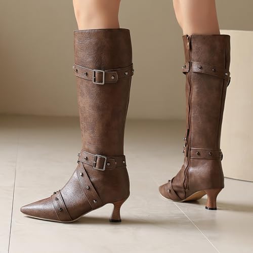 MRKEWUNEY Fashion Women Elegant Knee High Boots Kitten Heel Dress Boots Zipper Pointed Toe Block Heels4