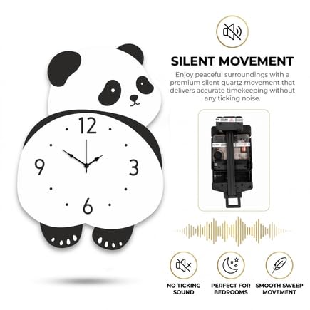 Image of Bamboo Bear Design Pendulum Wall Clock for Kids Room, Decorative Analog Timepiece with Swinging Element, Animal Theme Home Accent for Bedroom, Nursery, Playroom, Study Area and Indoor Decor