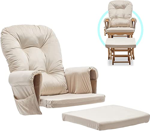 ONPNO 5PCS Glider Rocker Replacement Cushions Set - Soft Velvet Cover for Nursery Rocking Chair and Footstool Cushions w/Storage Pocket, Beige