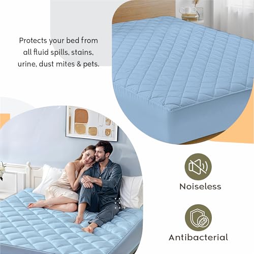 Image of Ayka 100% Waterproof Queen Size 72x60 inch Cotton Quilted Mattress Protector Breathable Hypoallergenic Noiseless Ultra Soft Elastic Fitted Bed Protector Mattress /Bed Cover (Blue, Queen (72 * 60 inch))
