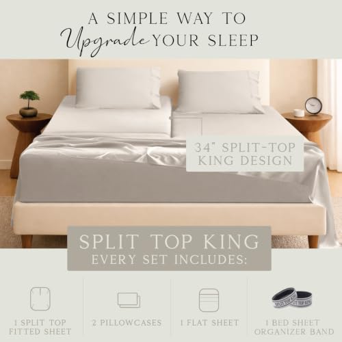 Image of KARISSA MAE Bamboo Viscose 34 inch Split Top King Size Sheet Set, FSC Certified | Single 34 inch Split Fitted Sheet | Sleep Number & Adjustable Bed | Cooling | 18 inch Deep Pocket w / Corner Straps [Dune]