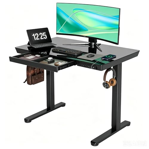 Image of INNOVAR 40 inch Small Glass Standing Desk with Drawers & USB Ports, Whole-Piece Glass Top Adjustable Height Desks, Quick-Install Electric Sit-Stand Up Desk for Home Office & Computer Workstation, Black