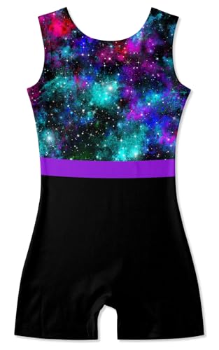 TUONROAD Girls Leotards for Gymnastics Size 6 Kid Girls' Blue Purple Galaxy Gym Biketards with Cover Short Size 7 Big Girl Princess 3d Colorful Sporty Unitards for Birthday