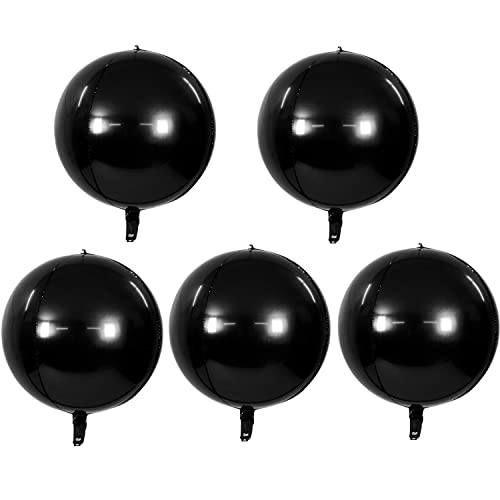 TONIFUL 5Pcs Large Black 4D Giant Round Foil Balloon Big Mirror Metallic Mylar Sephere Ballons for Boy Birthday Party Wedding Baby Shower Decoration Supplies (22inch)