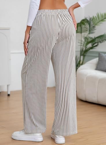 EVALESS Women's Striped Pants Spring Summer 2026 Comfy Pajama Pants High Waist Wide Leg Lounge Pants Patched Y2K Casual Trousers Lightweight PJ Bottoms with Pockets Brown Stripe XX-Large - image 3
