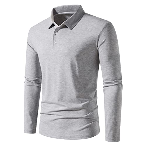 A Waterwang Men's Long Sleeve Polo Shirts, Slim-Fit Cotton Golf Polo Shirts Basic Designed Light Gray #TOP1