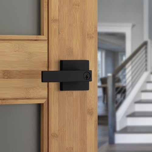 Image of Kwikset Singapore Entry Door Handle with Lock and Key, Secure Keyed Reversible Lever Exterior, For Front Entrance and Bedrooms, Matte Black, Pick Resistant Smartkey Rekey Security and Microban