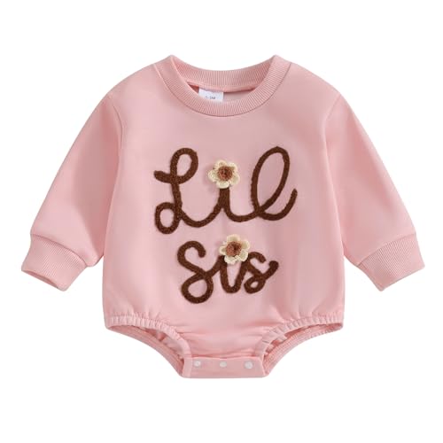 BeliBacca Big Sister Jumper Little Sister Romper Letter Embroidery Sweatshirt Bodysuit Toddler Newborn Baby Girls Spring Fall Outfit Clothes (Lil Sis, 0-3 Months)