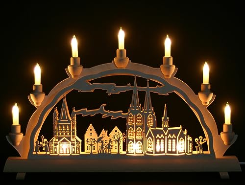 Schwibbogen Köln - Stadtmotiv - 51cm, 7 Kerzen + Vorbeleuchtung - Feine Handarbeit aus dem Erzgebirge - Weihnachten erzgebirgischer Lichterbogen