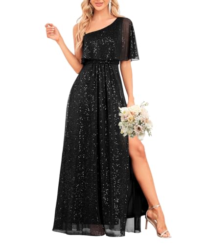 Women's Bridesmaid Sparkly Dress Glitter One Shoulder Wedding Guest Dresses Long Split Maxi Formal Evening Gowns