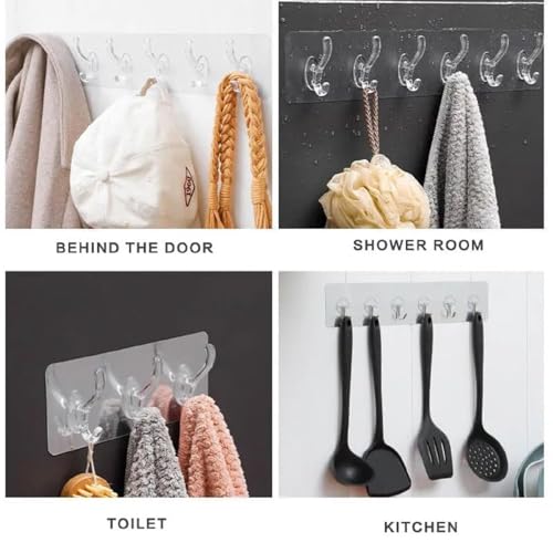 Image of Amazer 6 in 1 Self Adhesive Wall Hooks, Heavy Duty Sticky Hooks for Hanging, Waterproof Transparent Adhesive Hooks for Wall, Wall Hangers for Hanging Kitchen Bathroom Bedroom Accessories