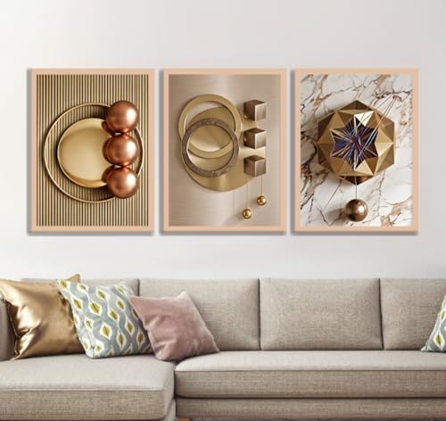 Image of ARAkri Geometric Abstract Wall Art Set of 3, Framed Poster Prints, Gold and Copper Tones, Modern Abstract, Ready to Hang, Living Room Decor (Art 2, 13 x 17 inch)