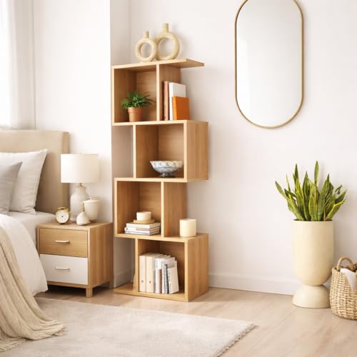 Image of Bookcase, Bookshelf, Freestanding Display Storage Shelves Open Bookcase for Bedroom, Small Bookshelf for Living Room and Office (Natural, S-Shaped)