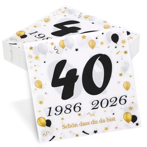 50 Stück Servietten 40. Geburtstag Seutgjie 40 Geburtstag Deko 1986-2026 Rubinhochzeit Jubiläum Tischdeko Schwarz Gold Tisch-Deko Party Gedeckter Tisch