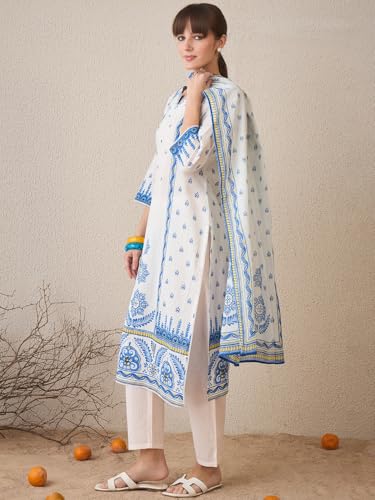 Image of INDO ERA Women's Pure Cotton Straight Ethnic Motifs Printed Inches Kurta With Pant with Dupatta Set (IESTR9762)