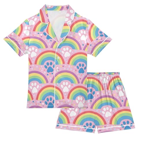 ALAZA Rainbow Cat Paw Print Stylish Pajamas Satin Pajama Set Short Sleeve Button Down Sleepwear