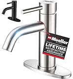 Mueller Premium Single-Hole Bathroom Sink Faucet, Single-Handle with Drain Assembly, Deck Plate for 1-Hole and 3-Holes Installations, Stainless Steel Brushed Nickel Finish, Supply Lines Preassembled