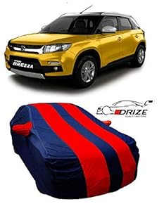 DRIZE Imported Fabric Vitara Brezza Body Cover Waterproof with Triple Stitched Fully Elastic Ultra Surface Body Protection (Dual Tone Stripes Navy Blue with Red Stripes)