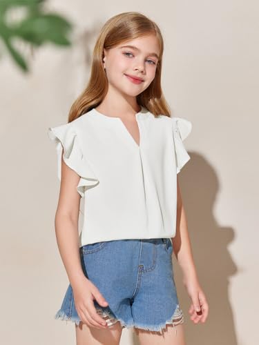 Image of Haloumoning Girls Summer T Shirts Kids Fashion V Neck Ruffle Short Sleeve Tops Blouse 5-14 Years