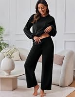 Ekouaer Damen Schlafanzug Lang Fleece Pyjama Set Winter Hausanzug Schwarz XL – Ansicht 2