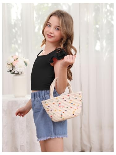 Image of OYOANGLE Girl's Casual Solid Ruffle Trim Cap Sleeve Square Neck Cute Crop Tank Tops T-Shirts