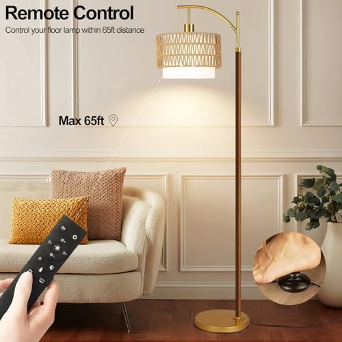 Image of ZECOXOL Boho Floor Lamps for Living Room Rattan Floor lamp with Remote Control & 3 Color Temperatures,Vintage Wood Mid Century Modern Standing Lamp Dimmable Tall Floor Lamp for Bedroom Corner
