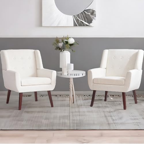 HUIMO Upholstered Accent Chairs Set of 2,Button-Tufted Reading Comfy Living Room Chair with Wooden Legs,Mid Century Modern Chair with Linen Fabric,Club Chair Comfy Arm Chairs for Bedroom,Beige - Image 5