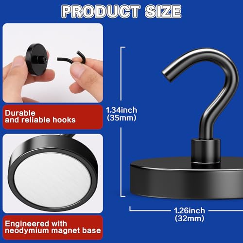 Image of 6 Pack 130lbs Strong Magnetic Hooks, Magnet Hooks Heavy Duty | Black Magnetic Hooks for Cruise Cabins, Magnet with Hooks, Metal Magnetic Hook for Hanging, Refrigerator, Garage, Outdoor