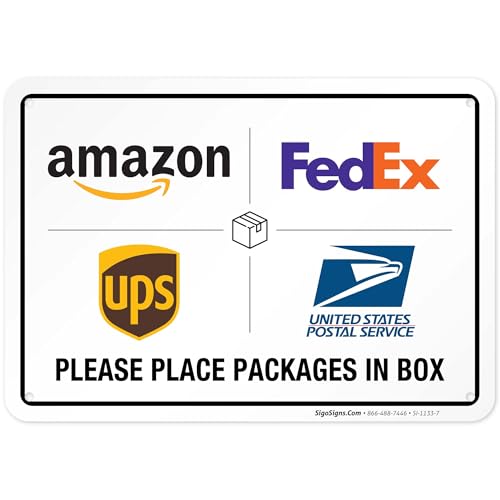 Image of Package Delivery Sign, Please Leave Packages Here Sign, FedEx, Amazon, UPS, USPS, 10x7 Inches, Rust Free .040 Aluminum, Fade Resistant, Made in USA by Sigo Signs