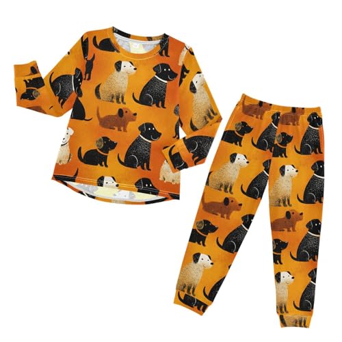 Long Sleeve Pajama Set for Girls Boys,Dogs Pattern on Orange Comfy Crewneck Sleepwears,Soft Kid's Homewear Clothes Underwear Sets 4T