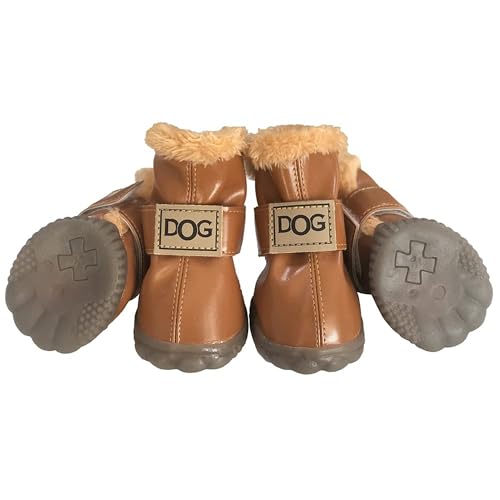 Winter Dog Boots & Paw Protectors: Outdoor Anti-Slip Dog Snow Shoes, Dog Booties Provide Warmth to Dogs Paws from Ice and Snow, Rubber Sole PU Leather Faux Fleece-Lined, Light Brown Dog Shoes Size 6