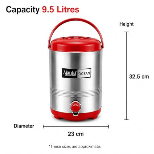 Image of Ajanta Ocean12 Stainless Steel Water Cooler, Water Dispenser Hot & Cold, Thermosteel, PU Insulated, Portable, Travel Friendly, Water Jug for Offices, Shops, Picnics (Red, 9.5 litres)