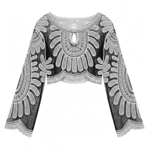 Cubrebaños de encaje para mujer con bordado floral negro y top bohemio de playa