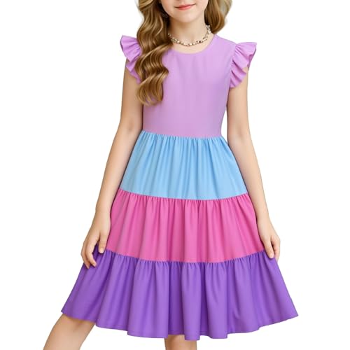 Girl's Dresses Color Block Ruffle Sleeve Tiered Swing A-Line Cute Midi Casual Sundress