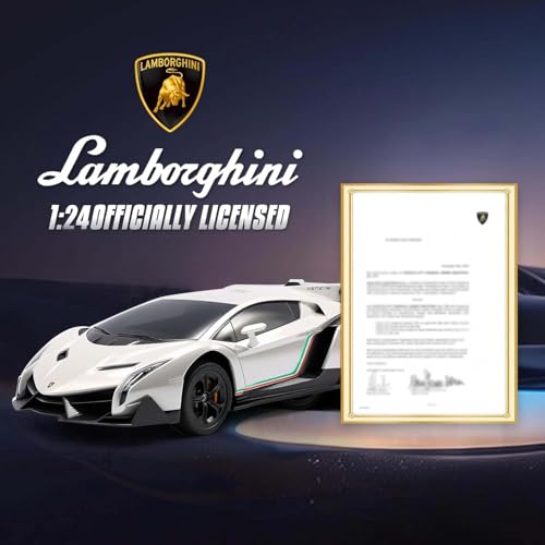 QUN XING Remote Control car 1:24 Officially Licensed Lambo veneno RC Drift Car with LED Lights 2.4GHz 4WD 15KM/H High Speed Rechargeable Battery Birthday Gift for Kids 8-12, White